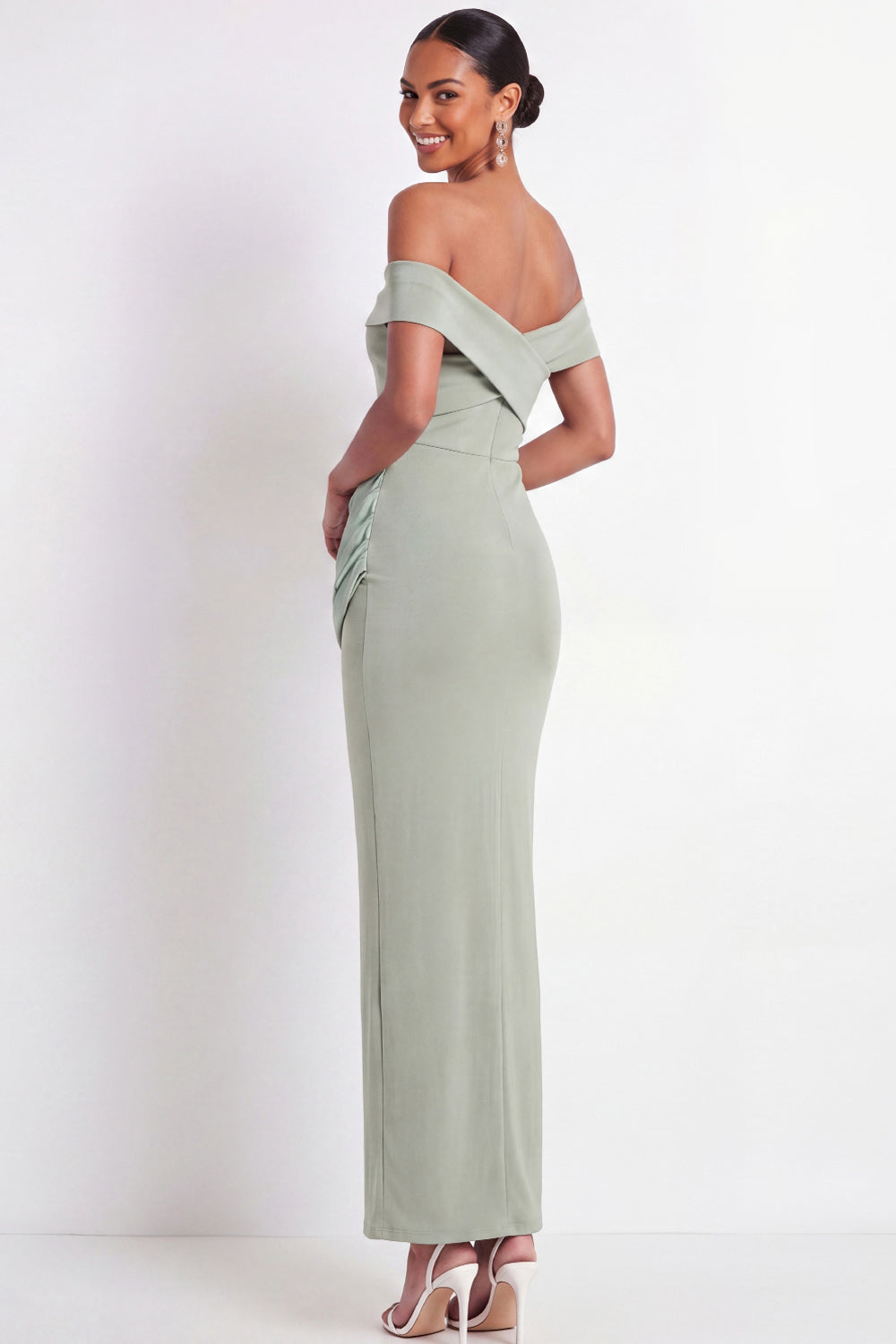 Dusty Sage Off the Shoulder Drape Waist Sheath Maxi Formal Dress