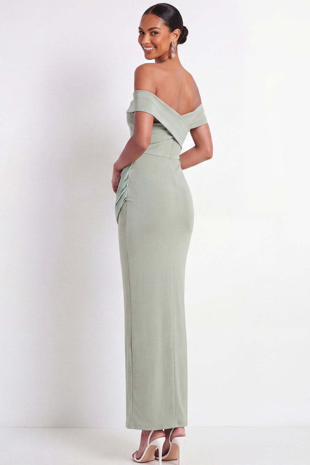 Dusty Sage Off the Shoulder Drape Waist Sheath Maxi Formal Dress