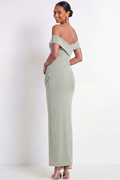 Dusty Sage Off the Shoulder Drape Waist Sheath Maxi Formal Dress