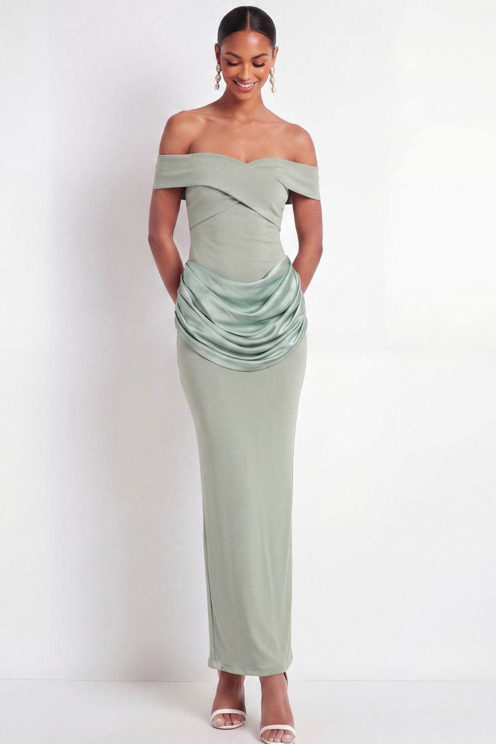 Dusty Sage Off the Shoulder Drape Waist Sheath Maxi Formal Dress