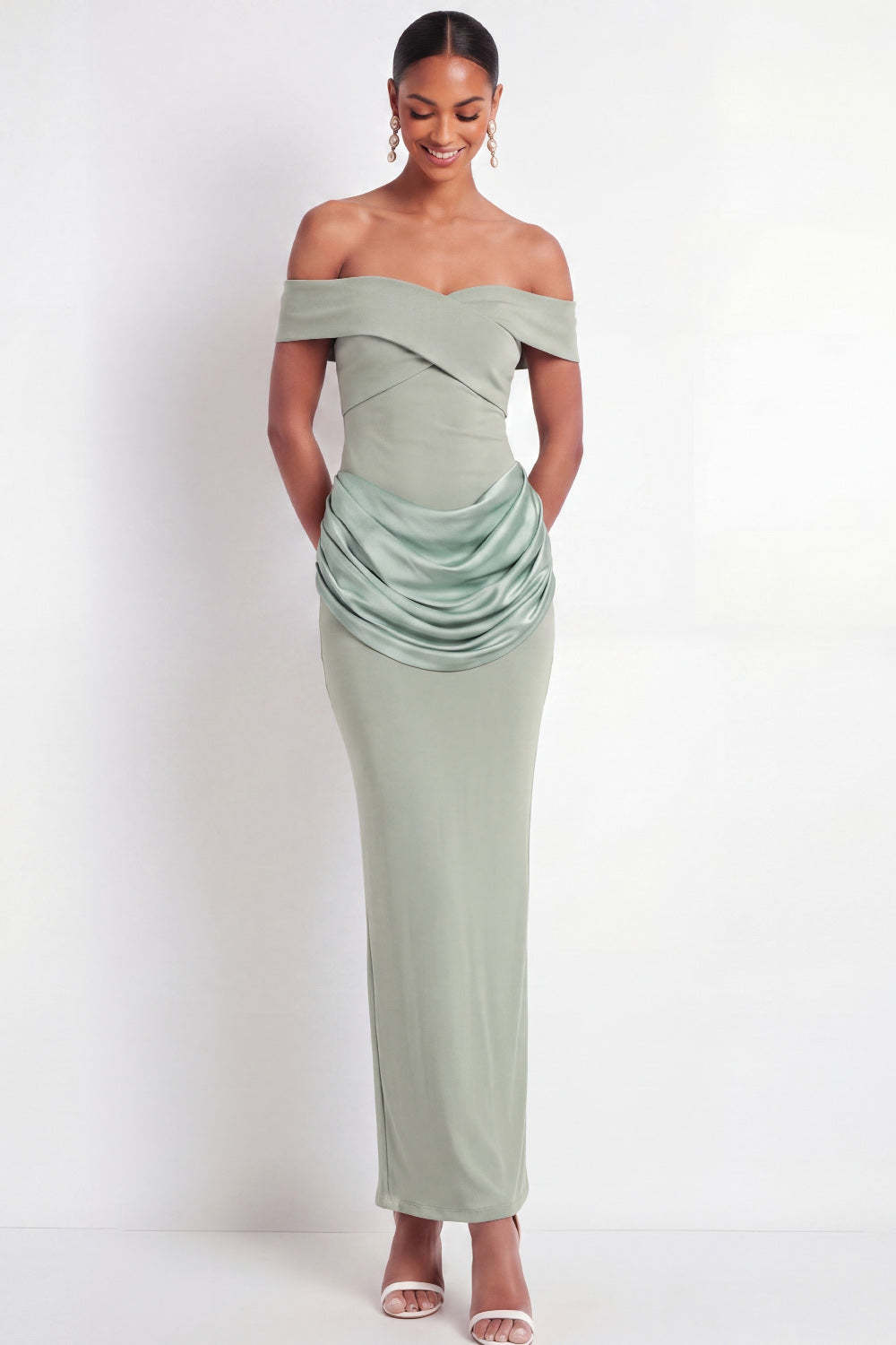 Dusty Sage Off the Shoulder Drape Waist Sheath Maxi Formal Dress