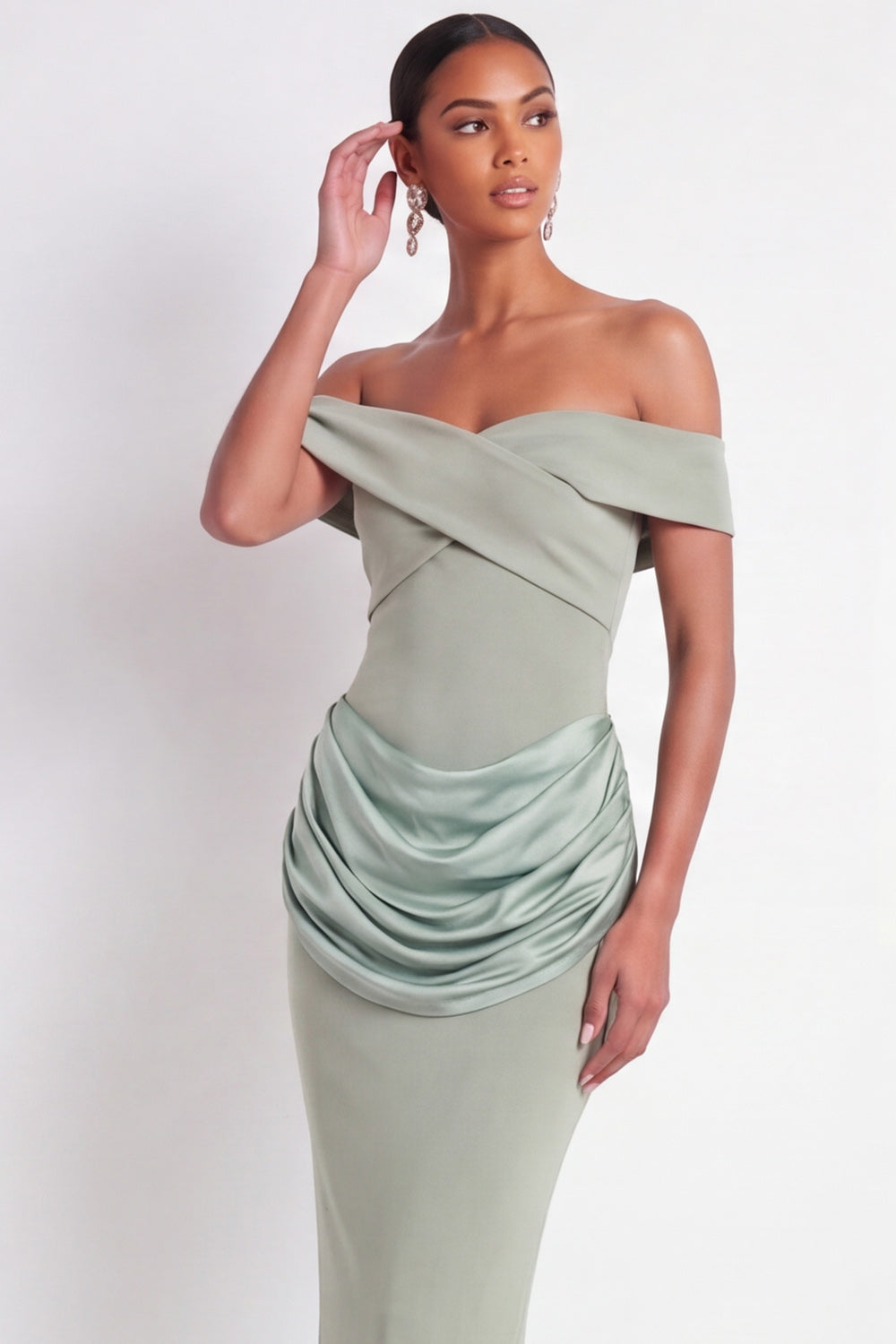 Dusty Sage Off the Shoulder Drape Waist Sheath Maxi Formal Dress