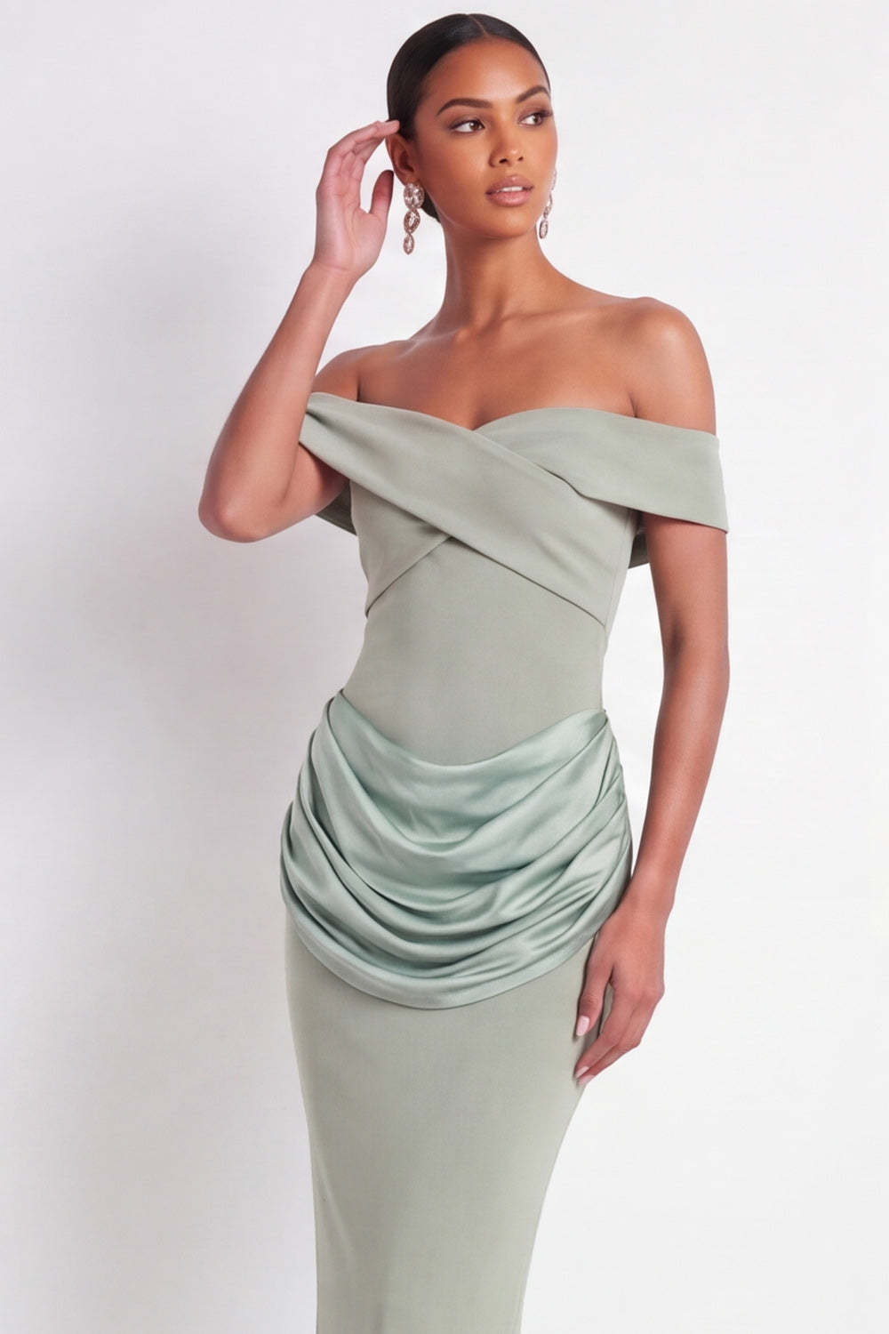 Dusty Sage Off the Shoulder Drape Waist Sheath Maxi Formal Dress
