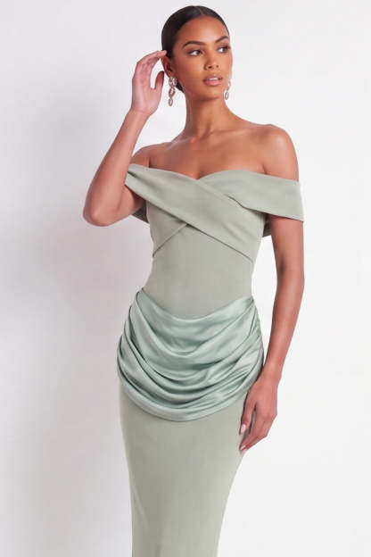 Dusty Sage Off the Shoulder Drape Waist Sheath Maxi Formal Dress