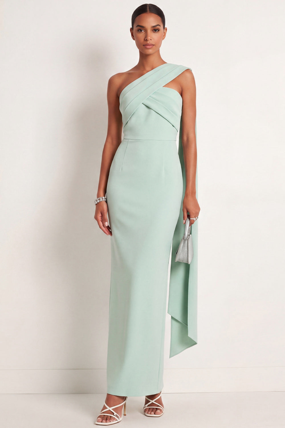 Leely Women Mint Green Sheath Long Formal Dress with Ribbon One Shoulder Sleeveless Wedding Guest Dress