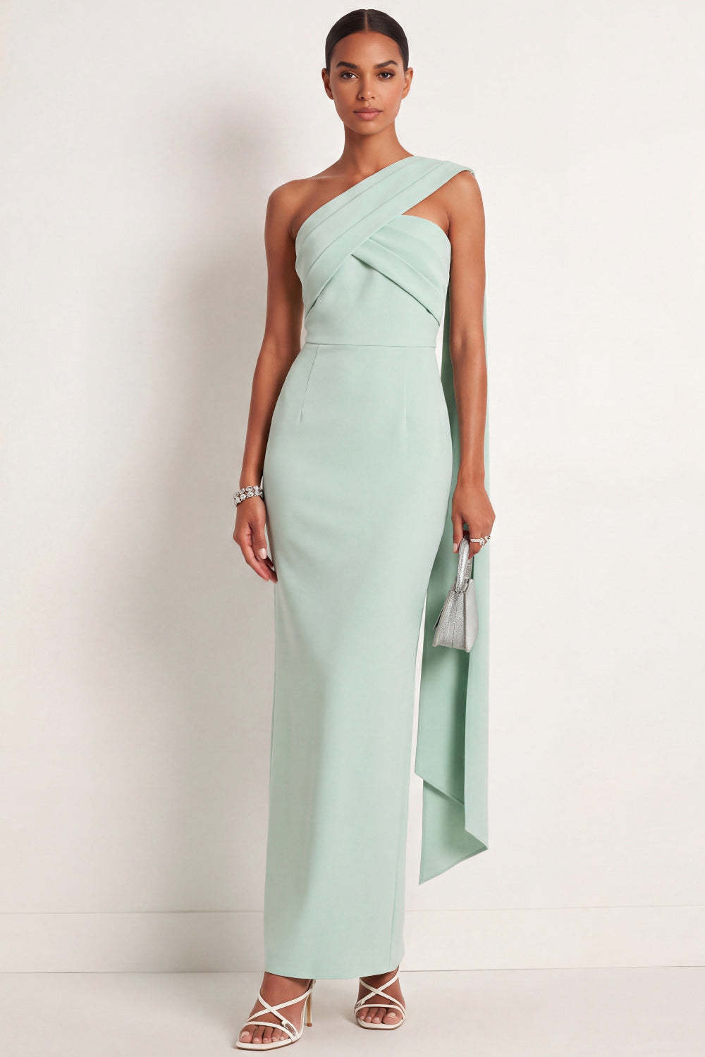 Leely Women Mint Green Sheath Long Formal Dress with Ribbon One Shoulder Sleeveless Wedding Guest Dress
