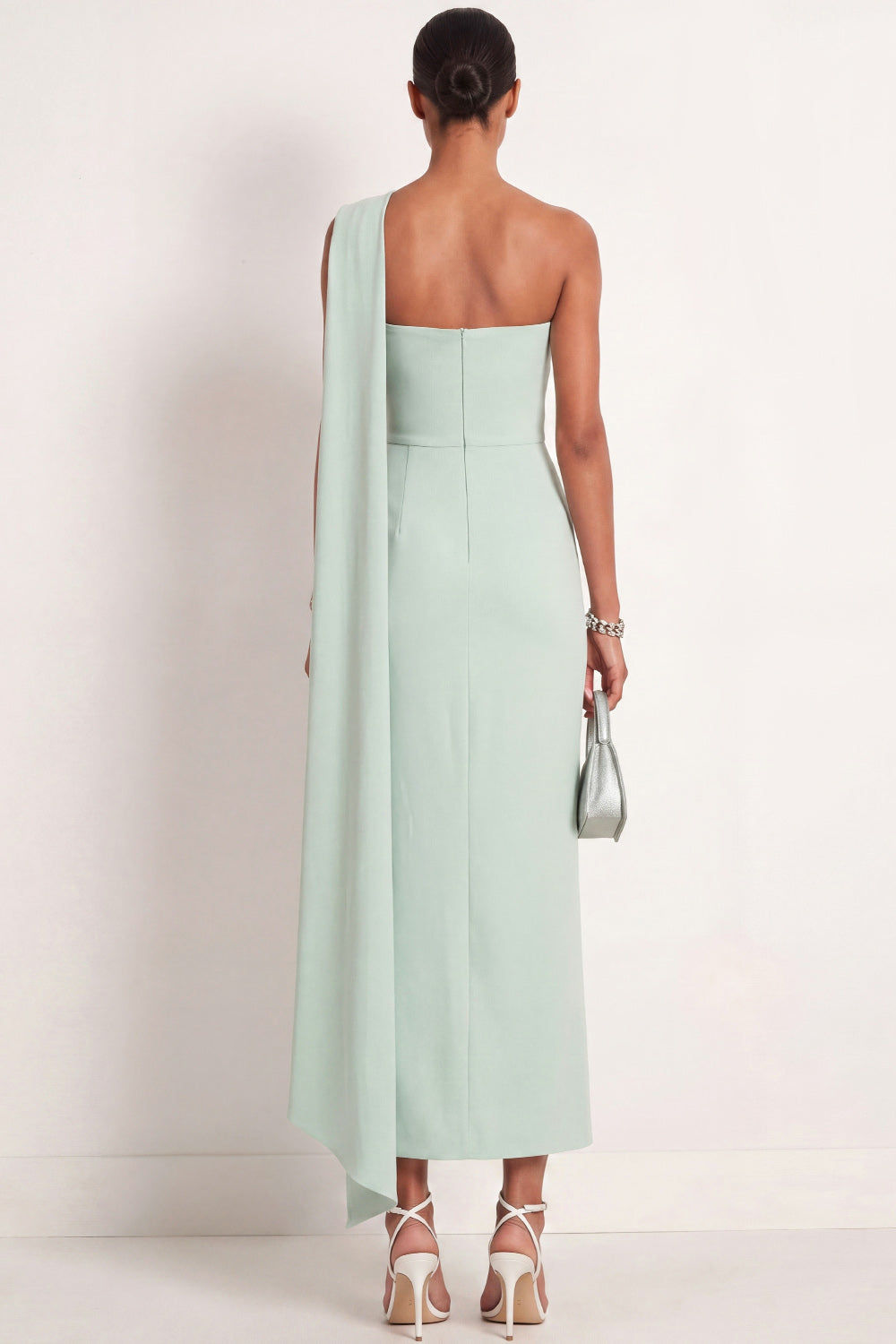 Mint Green One Shoulder Sheath Maxi Formal Dress with Ribbon