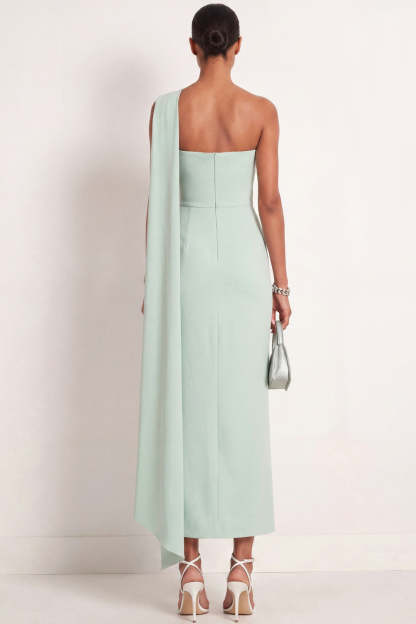 Mint Green One Shoulder Sheath Maxi Formal Dress with Ribbon