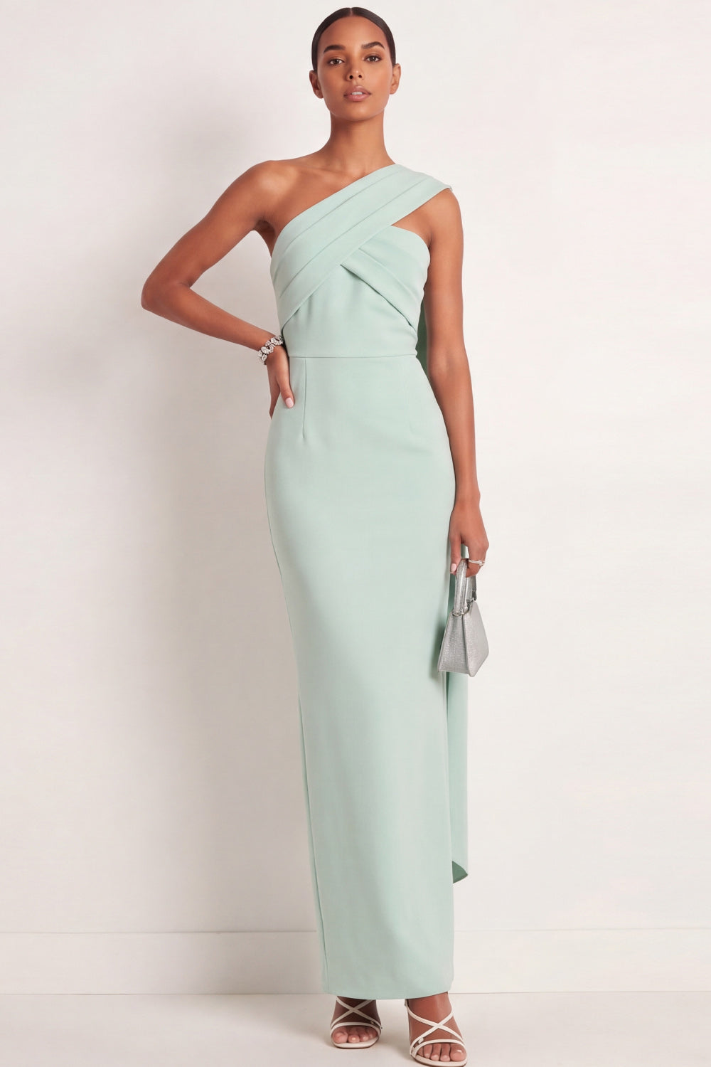 Mint Green One Shoulder Sheath Maxi Formal Dress with Ribbon