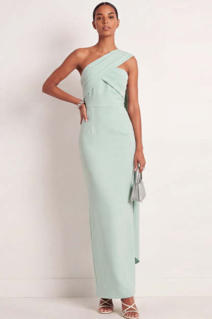 Mint Green One Shoulder Sheath Maxi Formal Dress with Ribbon