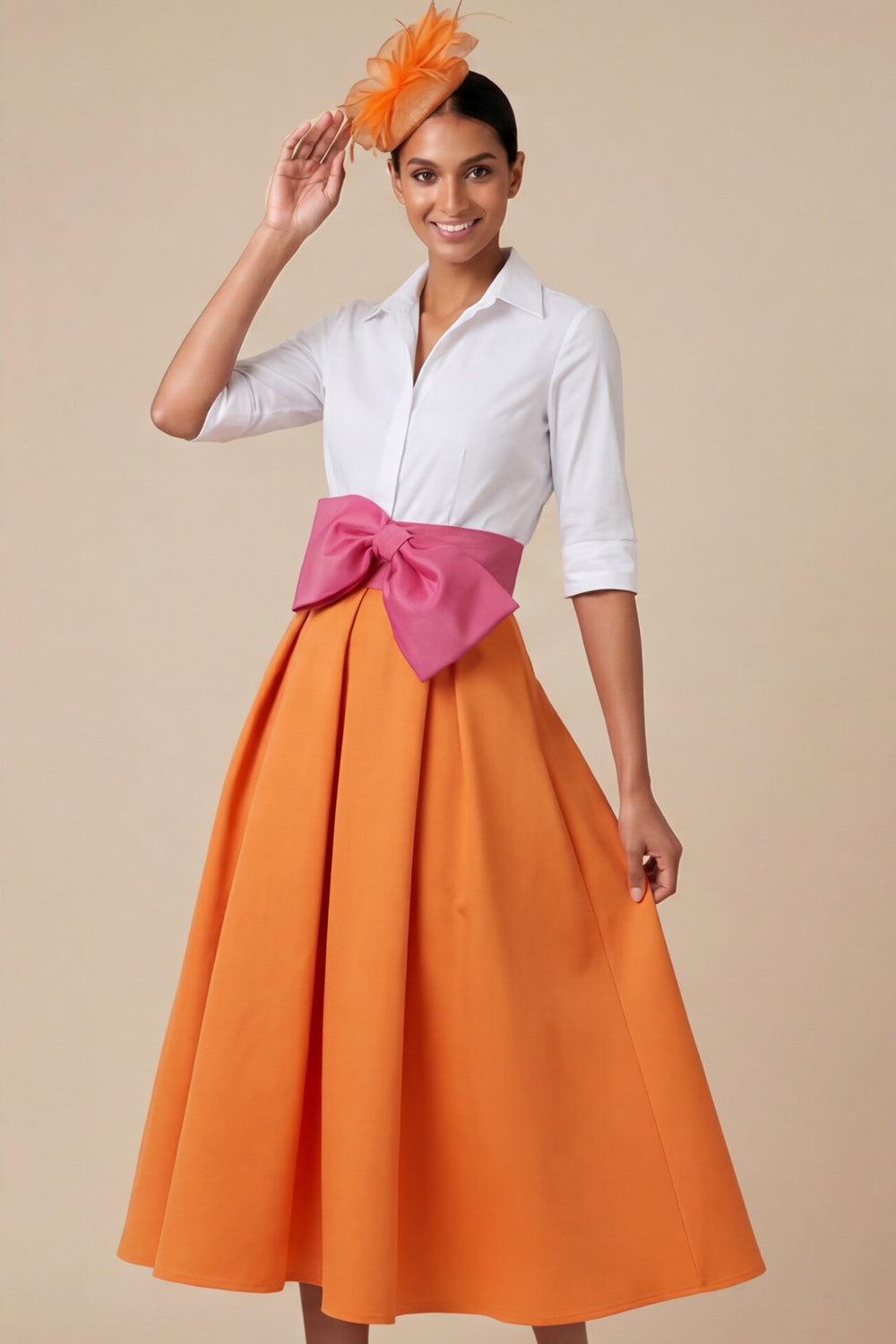 Orange Collar Neck Half Sleeves Midi Mother of the Bride Dress