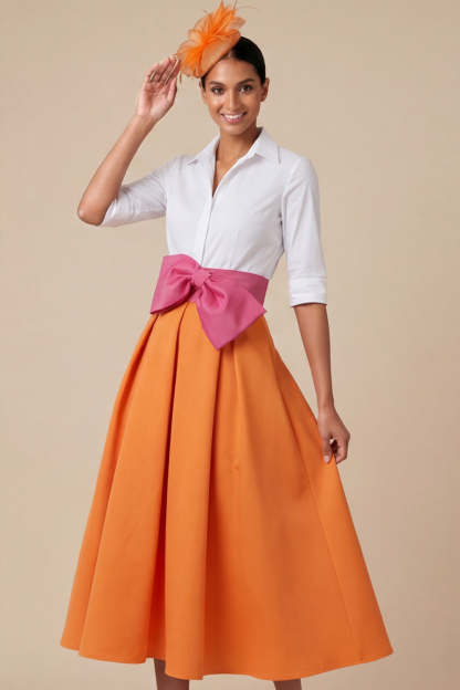 Leely Women Orange Collar Neck Midi Mother of the Bride Dress Half Sleeves A Line Evening Dress with Bow