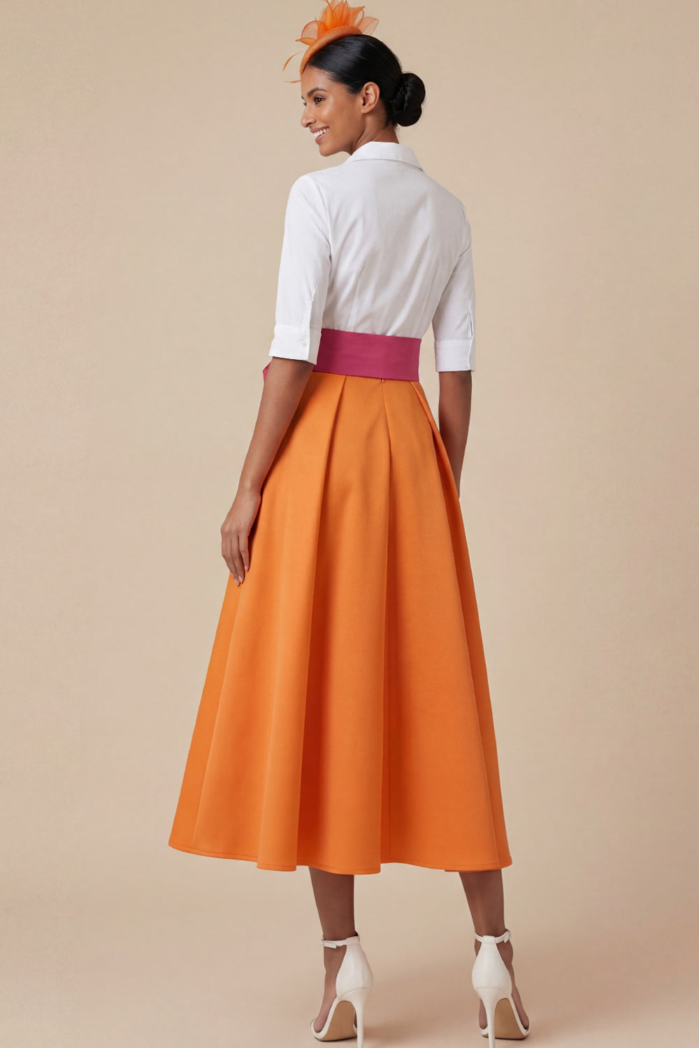 Orange Collar Neck Half Sleeves Midi Mother of the Bride Dress