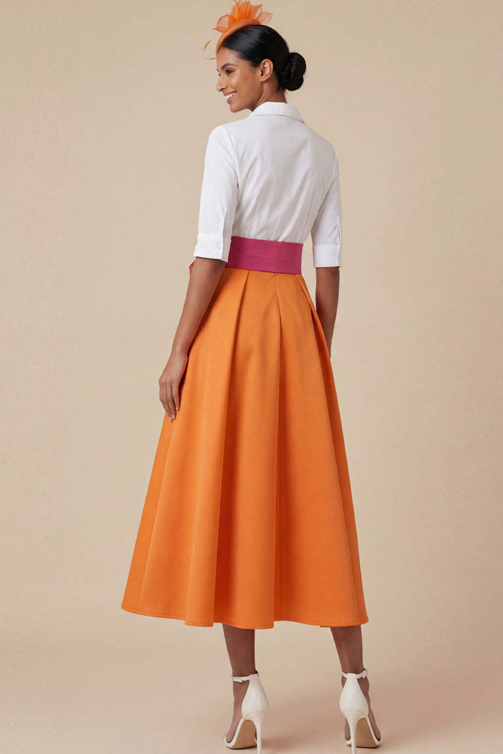 Orange Collar Neck Half Sleeves Midi Mother of the Bride Dress