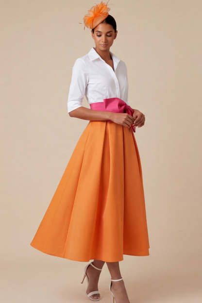 Orange Collar Neck Half Sleeves Midi Mother of the Bride Dress