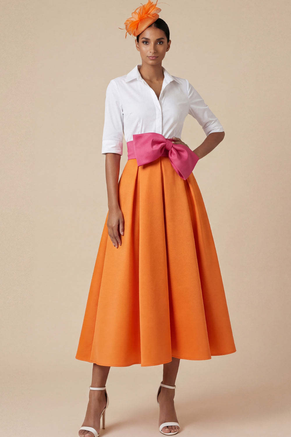 Orange Collar Neck Half Sleeves Midi Mother of the Bride Dress