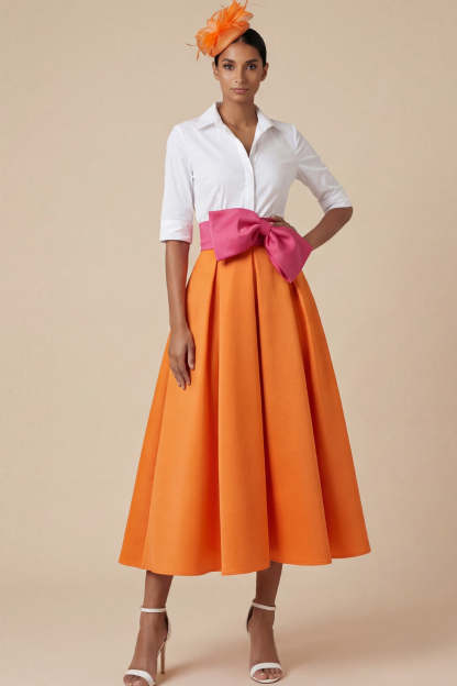Orange Collar Neck Half Sleeves Midi Mother of the Bride Dress
