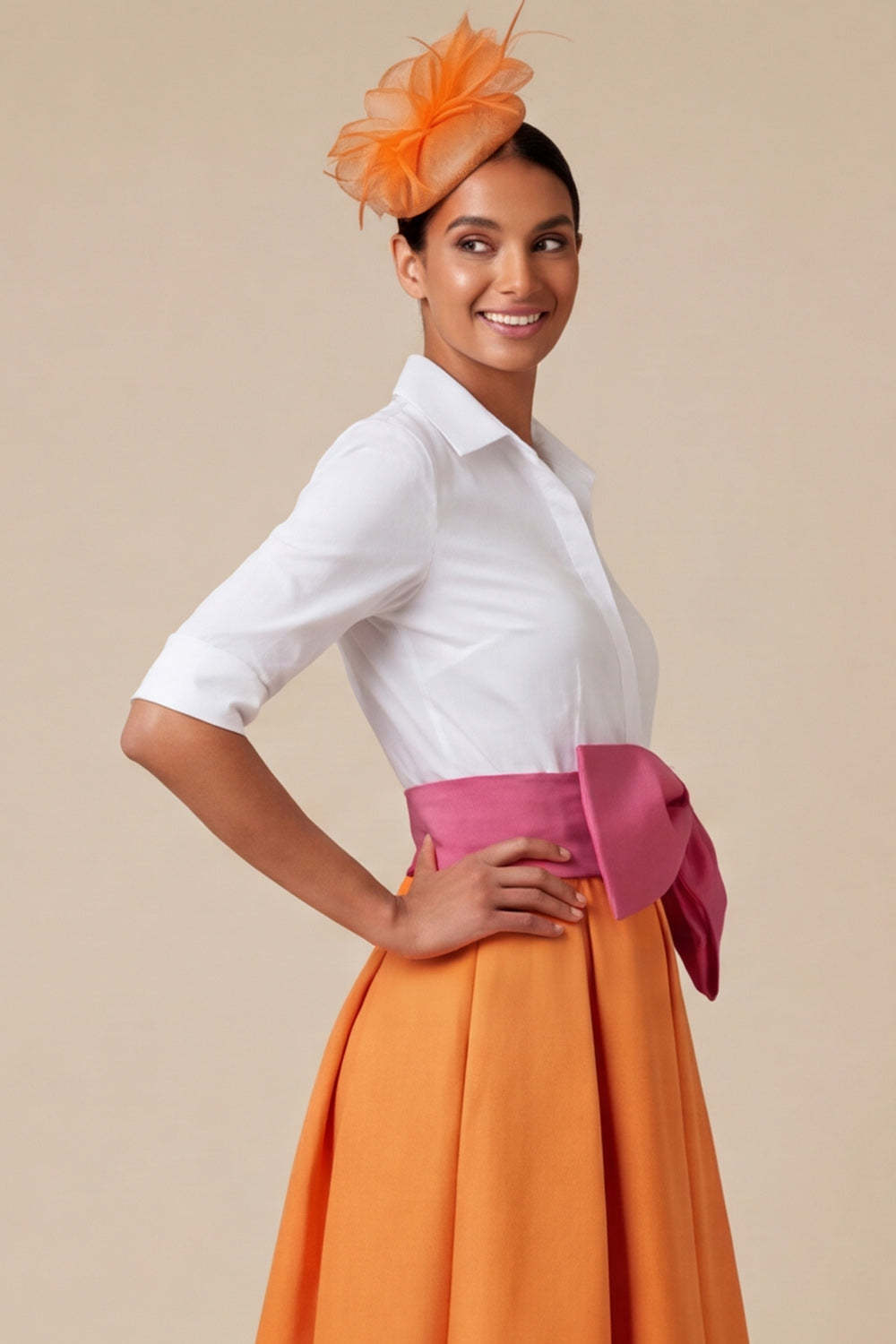 Orange Collar Neck Half Sleeves Midi Mother of the Bride Dress