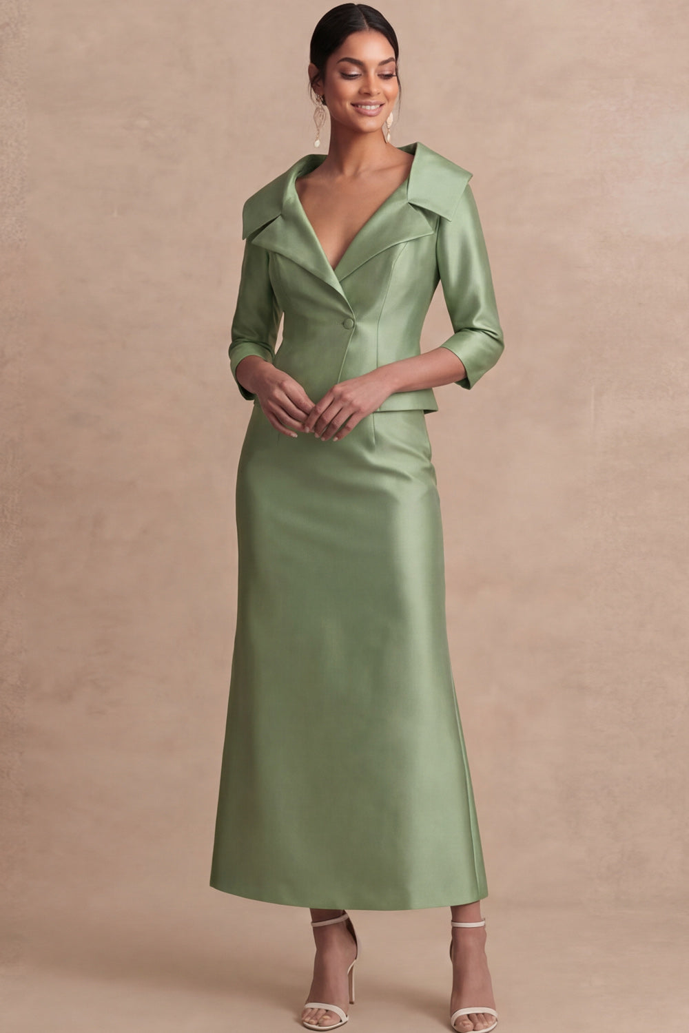 Sheath Satin Green Collar Neck Long Mother of the Bride Dress
