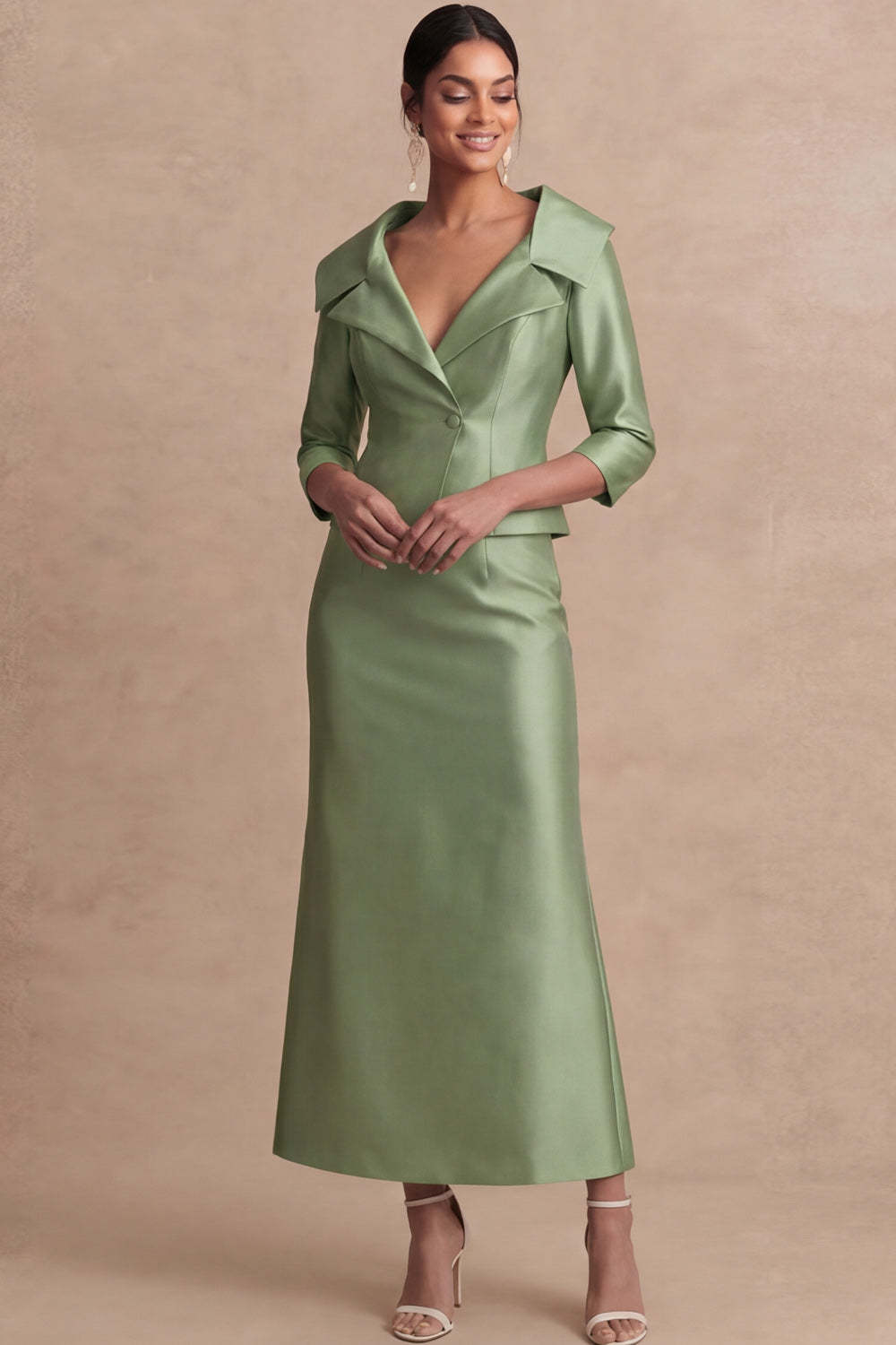 Leely Women Sheath Satin Green Mother of the Bride Dress Collar Neck Long Half Sleeves Single Breasted Wedding Guest Dress