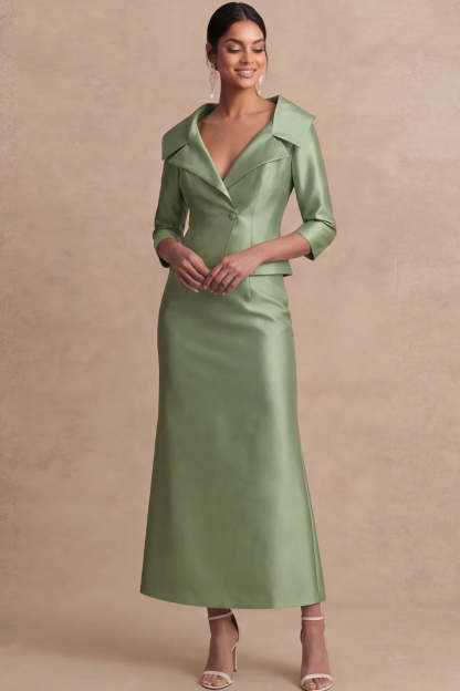 Leely Women Sheath Satin Green Mother of the Bride Dress Collar Neck Long Half Sleeves Single Breasted Wedding Guest Dress