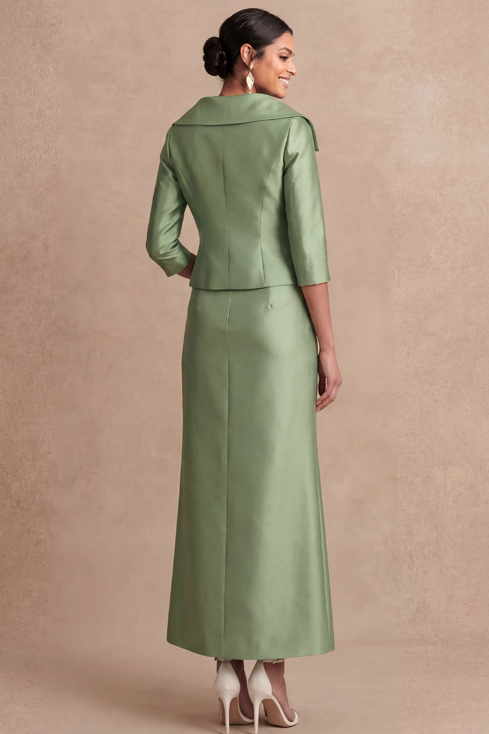 Sheath Satin Green Collar Neck Long Mother of the Bride Dress
