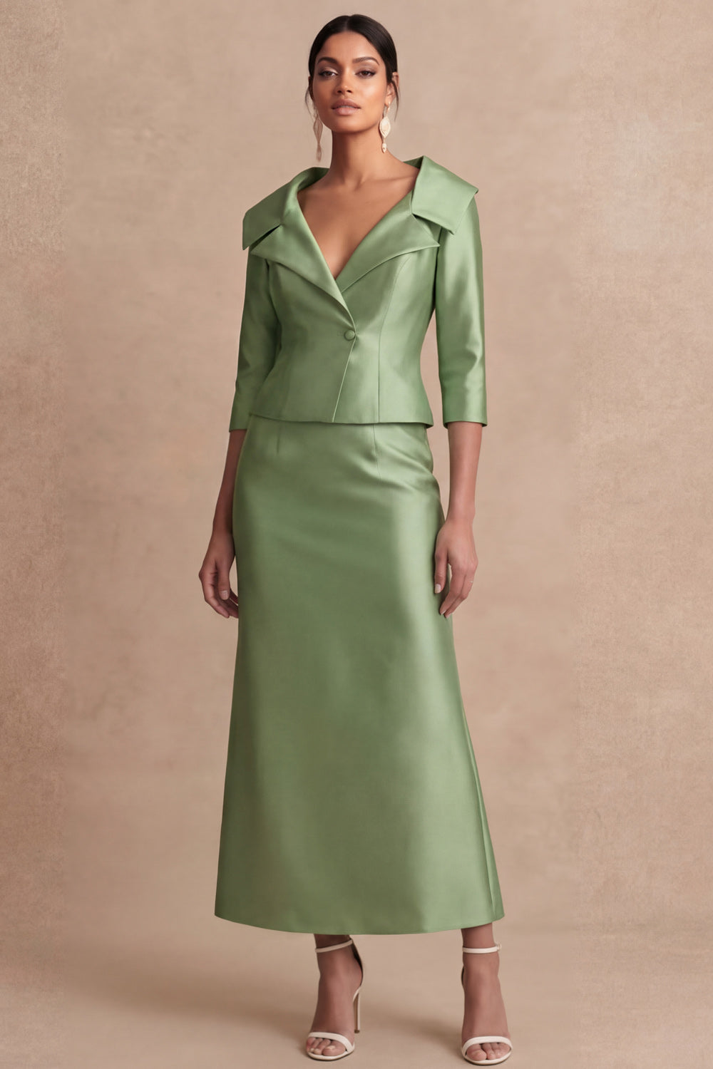 Sheath Satin Green Collar Neck Long Mother of the Bride Dress