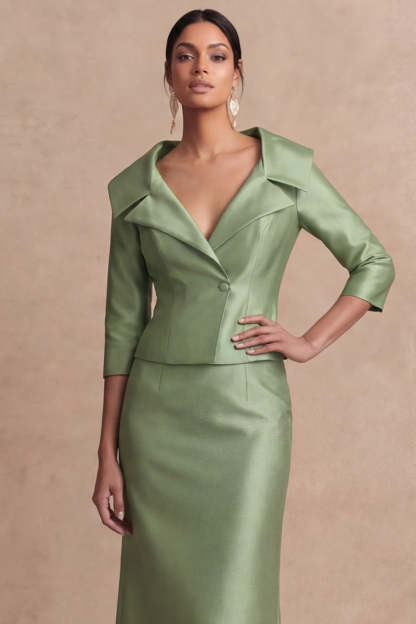Sheath Satin Green Collar Neck Long Mother of the Bride Dress