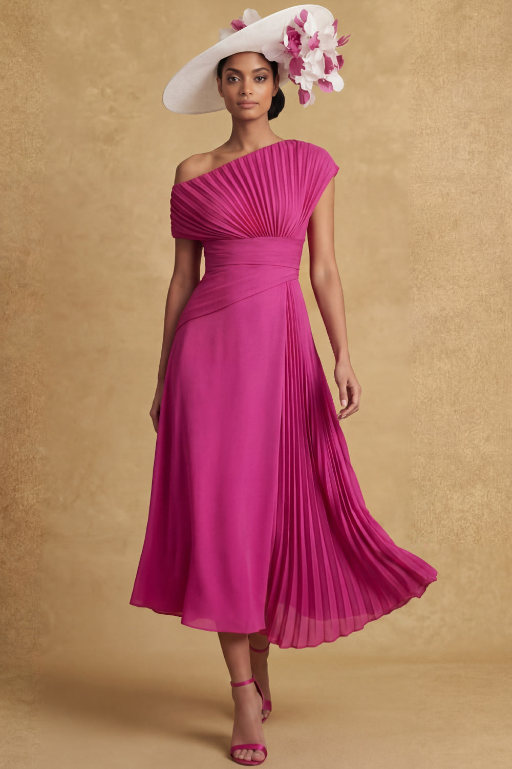 Leely Women Pleated A Line Fuchsia Midi Summer Mother of the Bride Dress One Shoulder Backless Sleeveless Wedding Guest Dress
