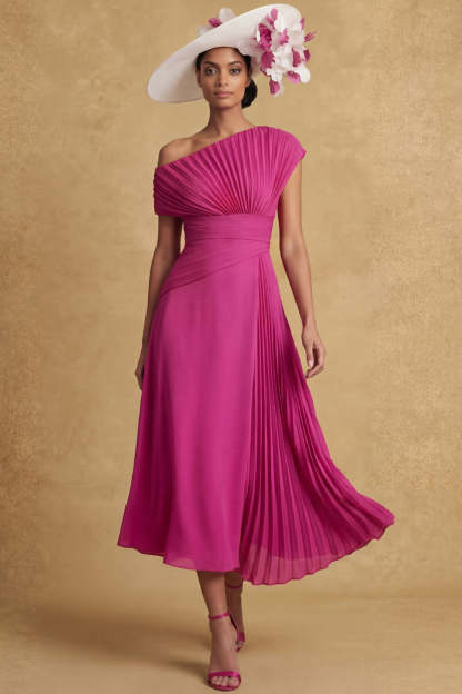 Leely Women Pleated A Line Fuchsia Midi Summer Mother of the Bride Dress One Shoulder Backless Sleeveless Wedding Guest Dress