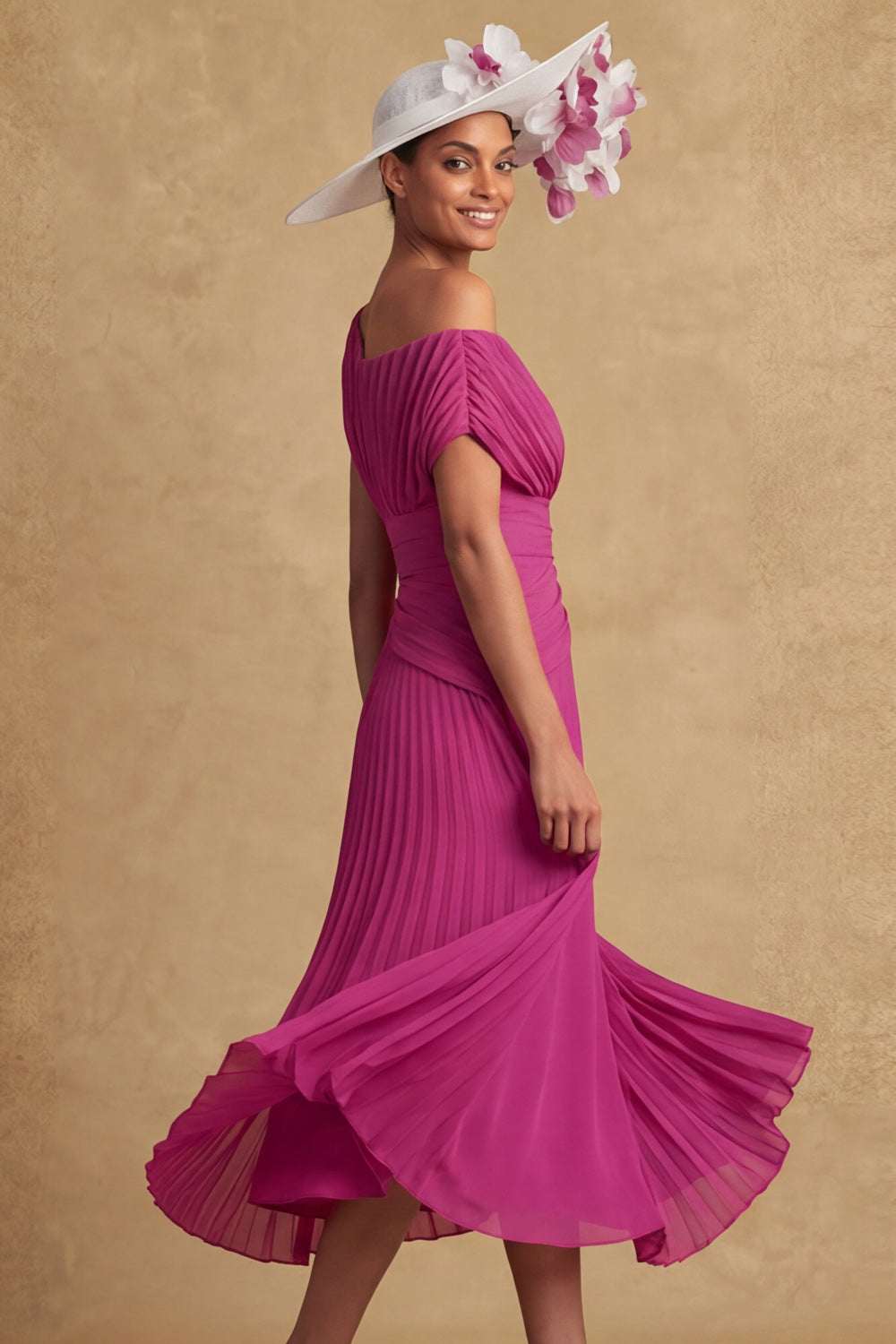 Pleated A Line Fuchsia One Shoulder Midi Mother of the Bride Dress