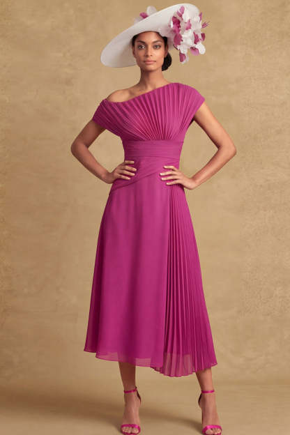 Pleated A Line Fuchsia One Shoulder Midi Mother of the Bride Dress