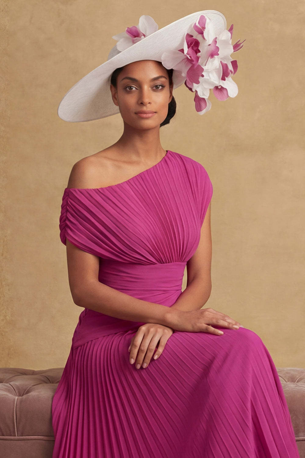 Pleated A Line Fuchsia One Shoulder Midi Mother of the Bride Dress