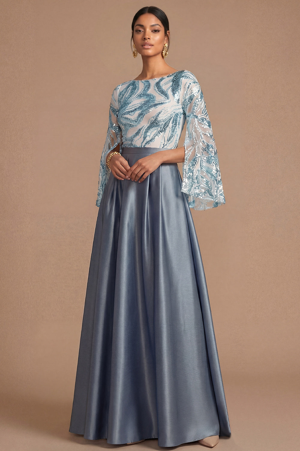 Leely Women Dusty Blue A Line Long Formal Dress with Sequins Boat Neck Flutter Sleeves Evening Dress
