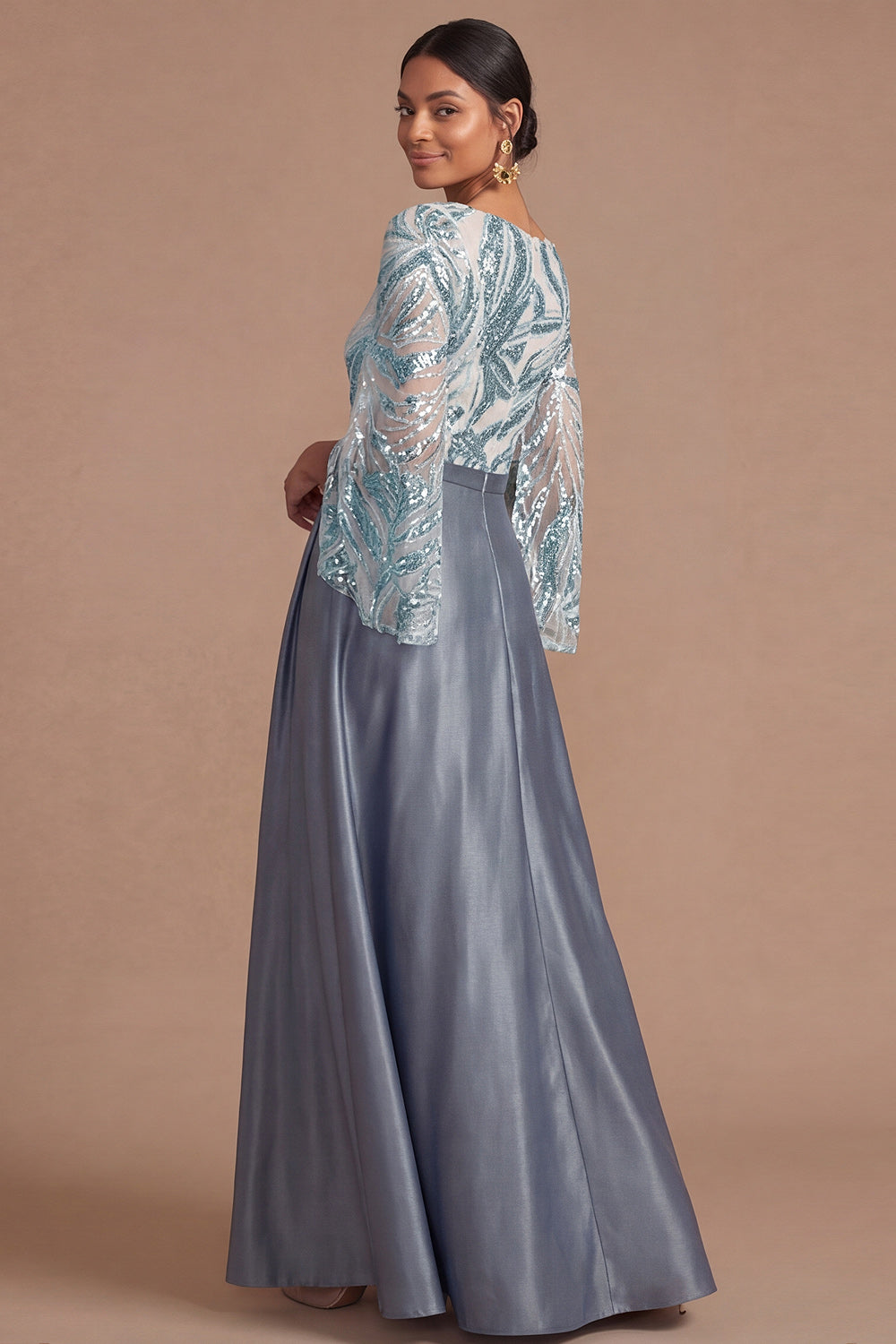 Dusty Blue A Line Flutter Sleeves Long Formal Dress with Sequins