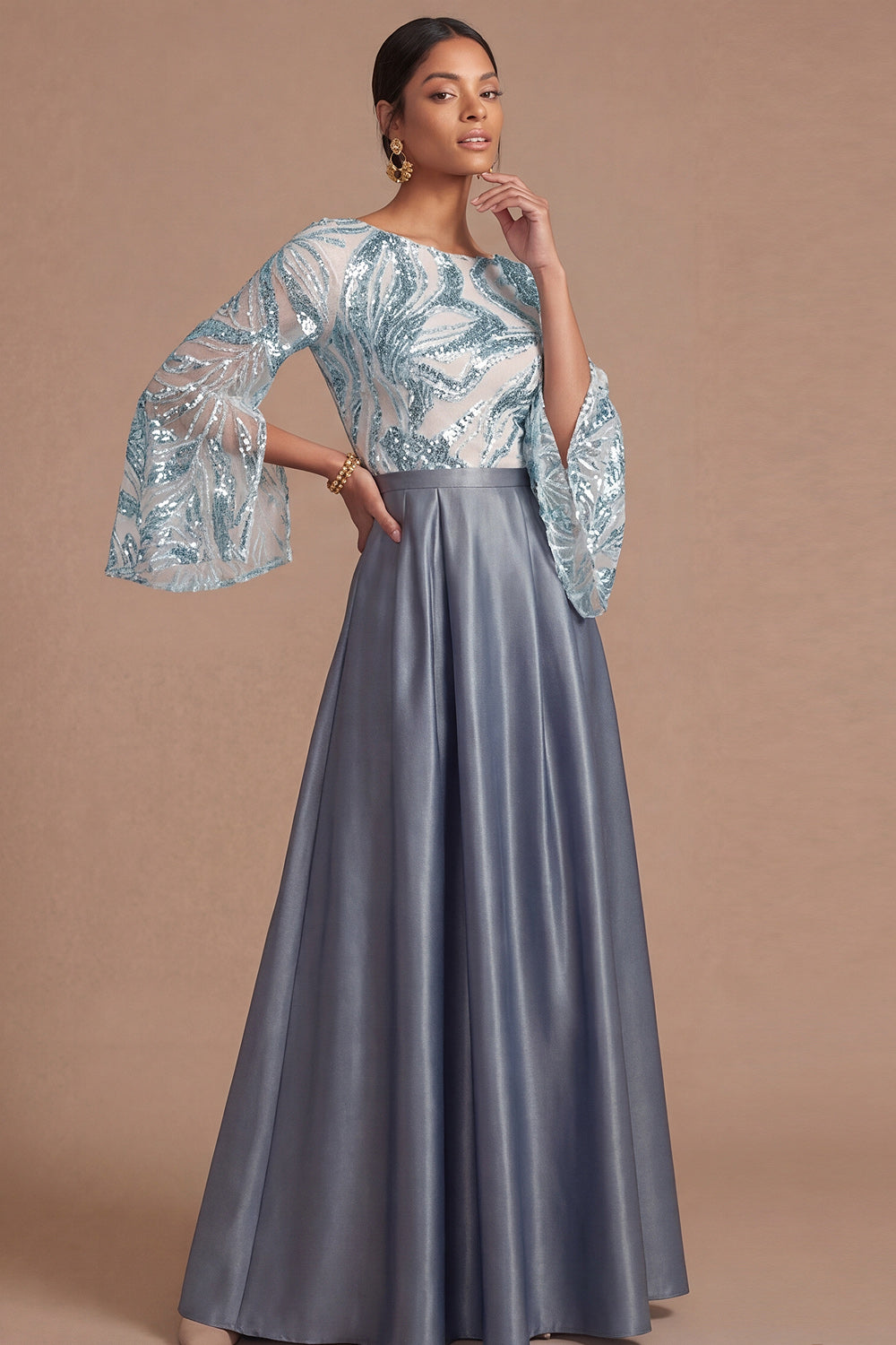 Dusty Blue A Line Flutter Sleeves Long Formal Dress with Sequins