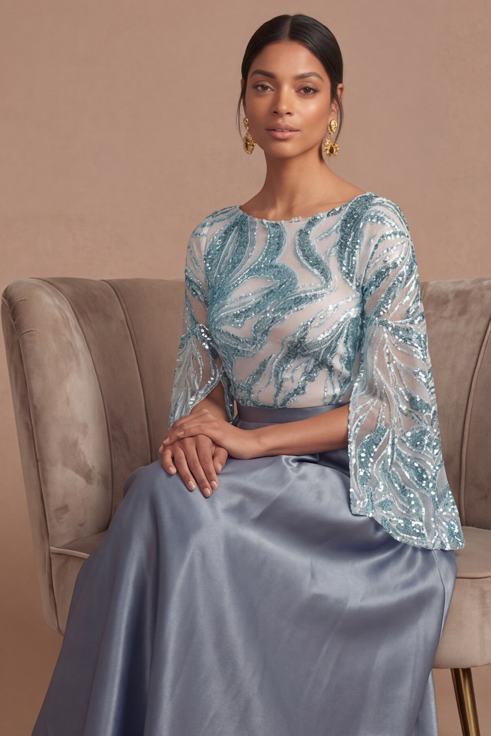 Dusty Blue A Line Flutter Sleeves Long Formal Dress with Sequins
