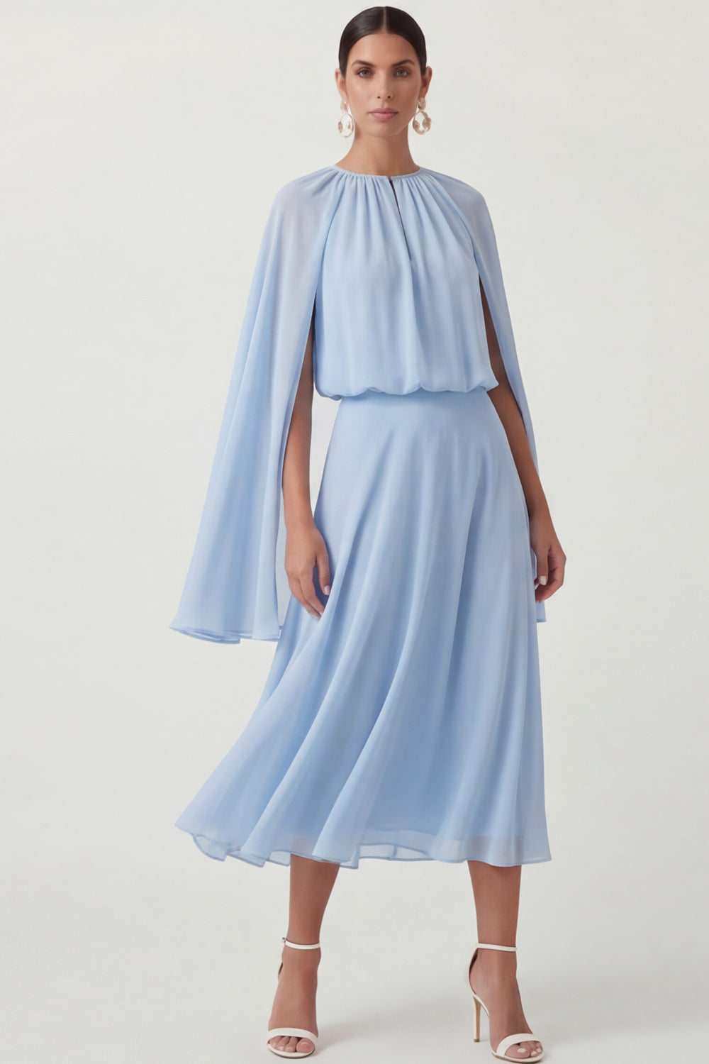 Leely Women Blue A Line Midi Mother of the Bride Dress with Side Cape Jewel Neck Long Sleeves Wedding Guest Dress