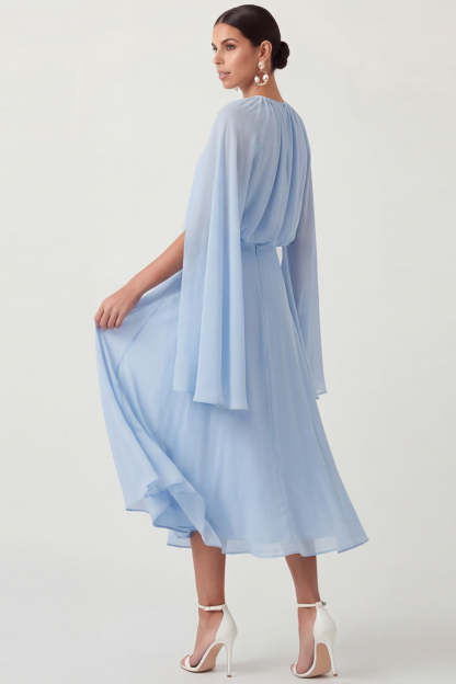 Blue A Line Midi Mother of the Bride Dress with Side Cape