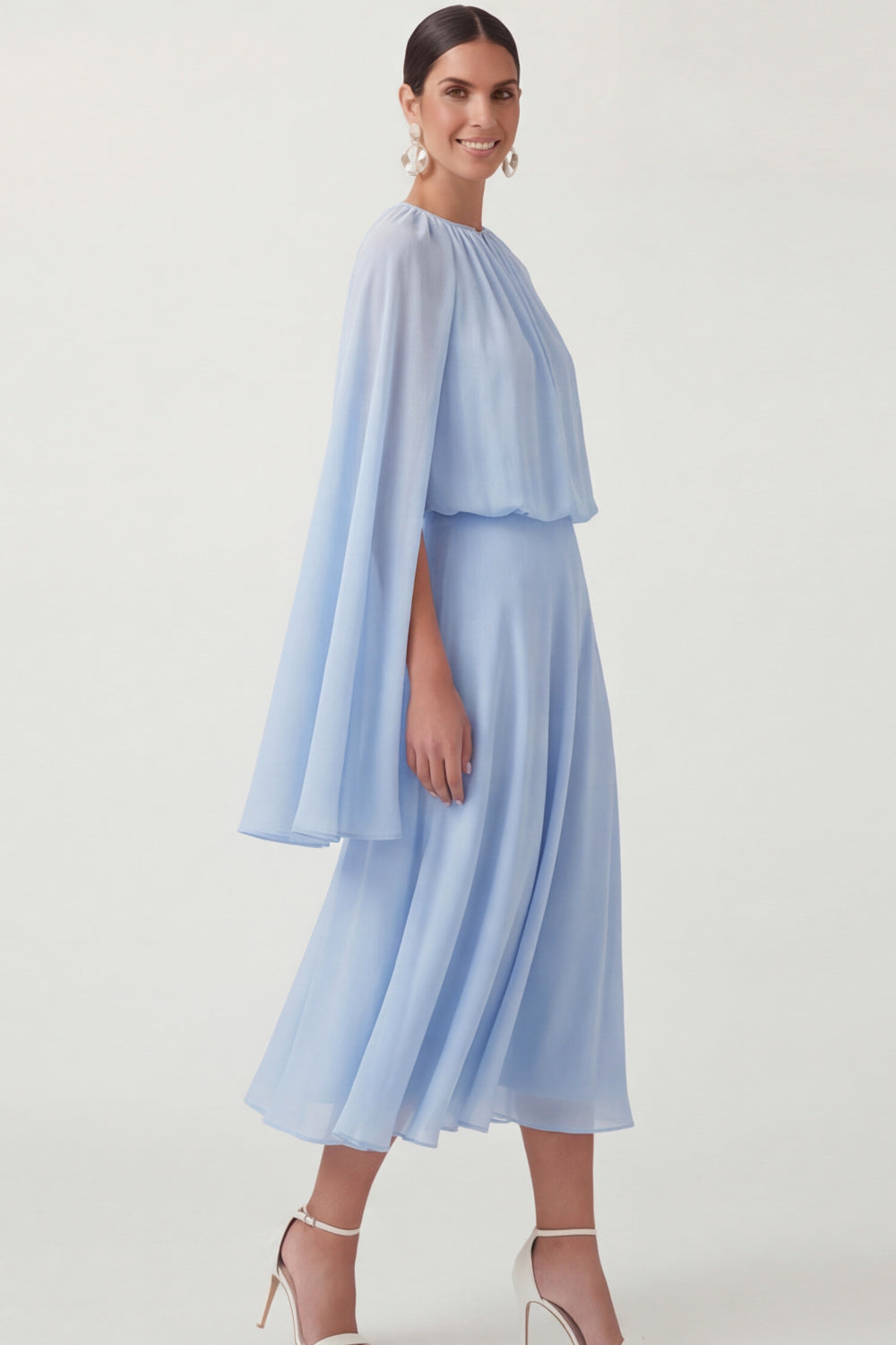 Blue A Line Midi Mother of the Bride Dress with Side Cape