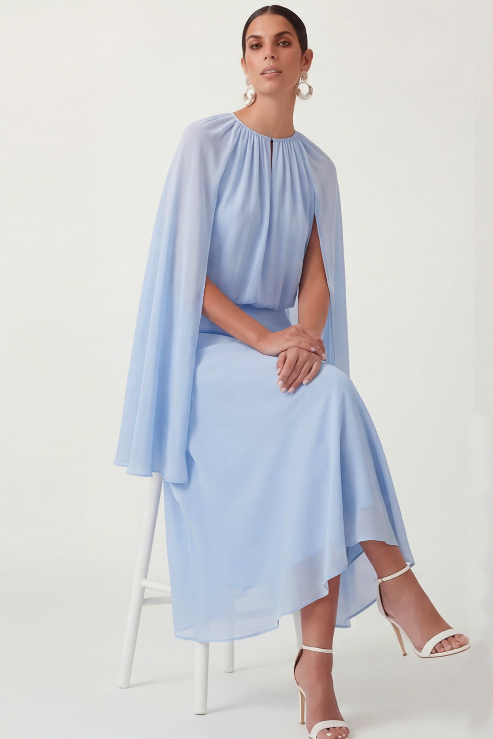 Blue A Line Midi Mother of the Bride Dress with Side Cape