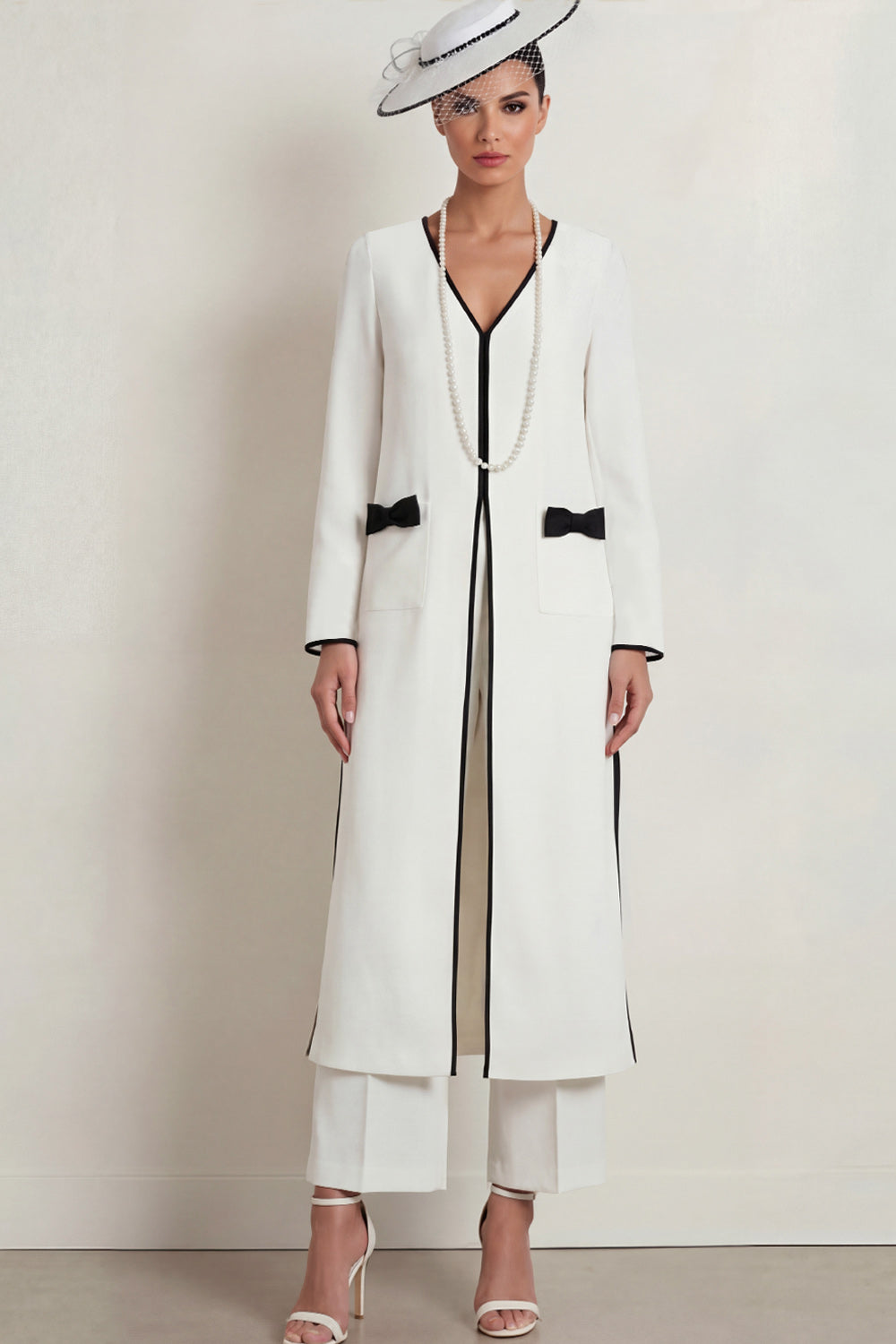 2 Piece White V Neck Long Mother of the Bride Suits with Bows