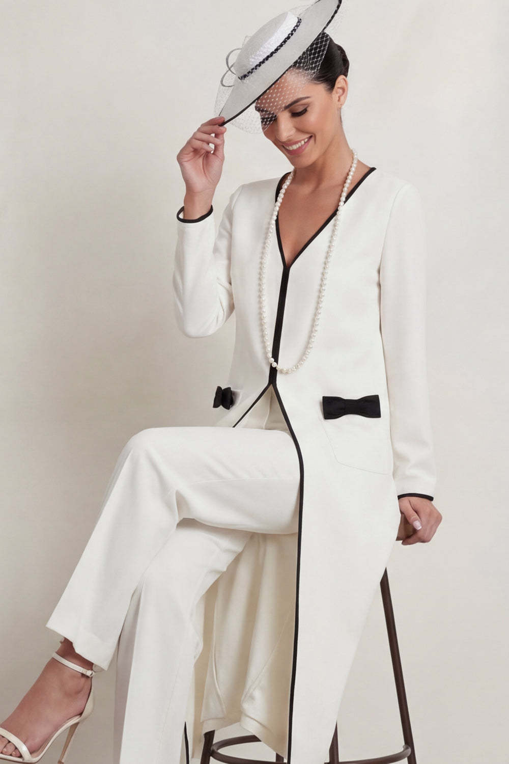 2 Piece White V Neck Long Mother of the Bride Suits with Bows