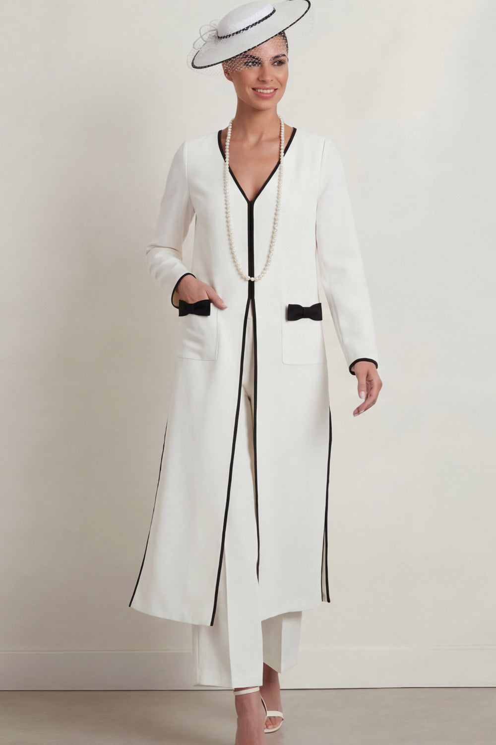 2 Piece White V Neck Long Mother of the Bride Suits with Bows