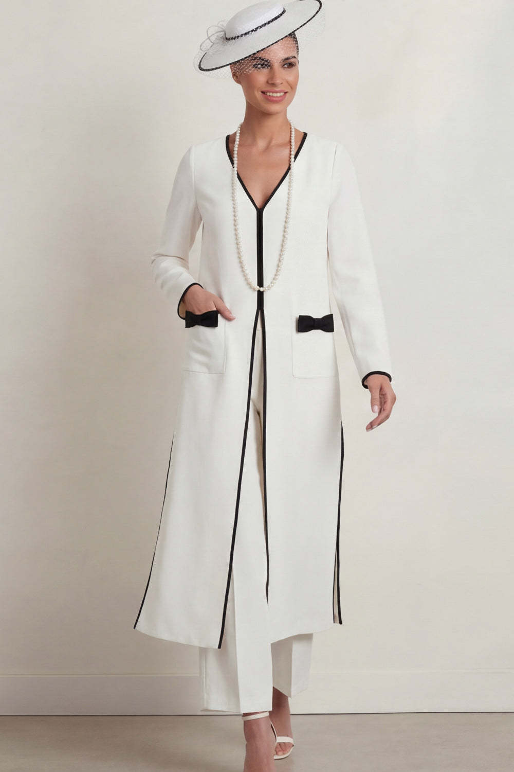 2 Piece White V Neck Long Mother of the Bride Suits with Bows
