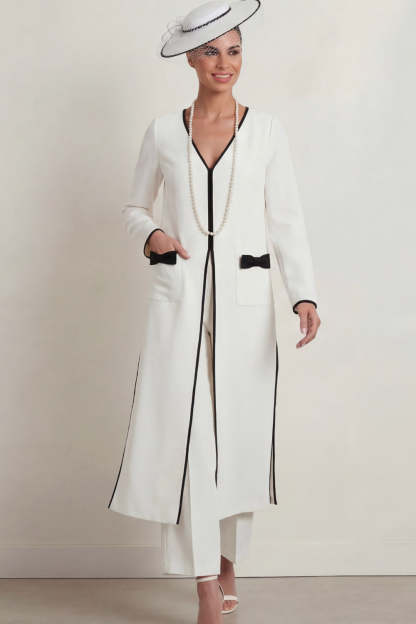 2 Piece White V Neck Long Mother of the Bride Suits with Bows