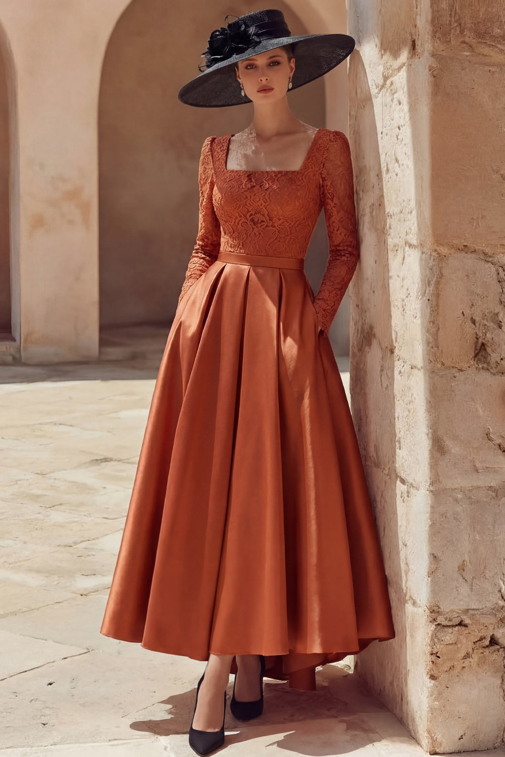 Terracotta A Line Square Neck Long Mother of the Bride Dress with Pockets