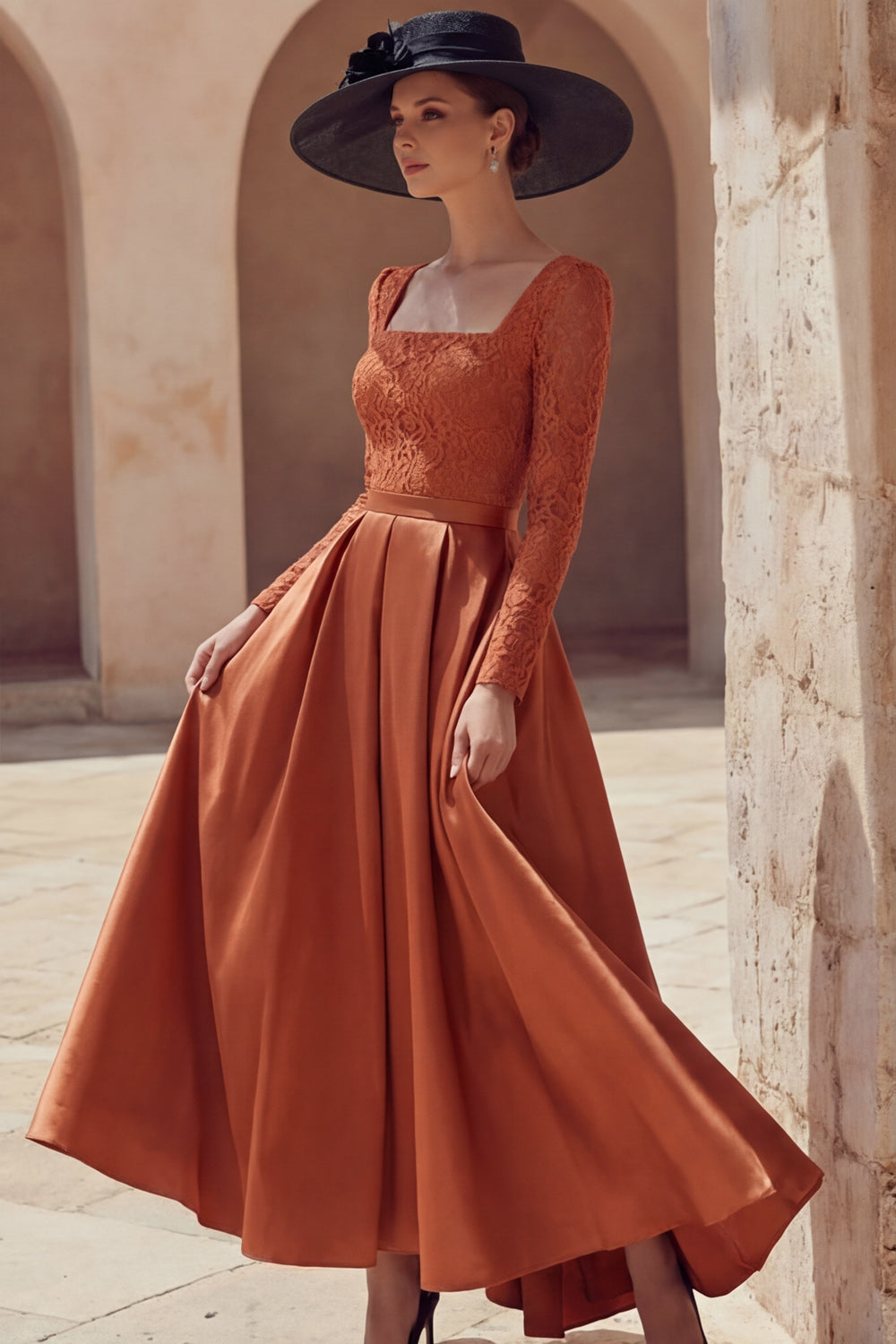 Terracotta A Line Square Neck Long Mother of the Bride Dress with Pockets