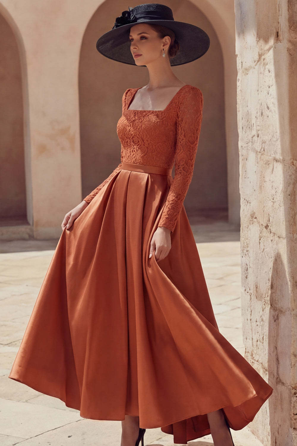 Terracotta A Line Square Neck Long Mother of the Bride Dress with Pockets
