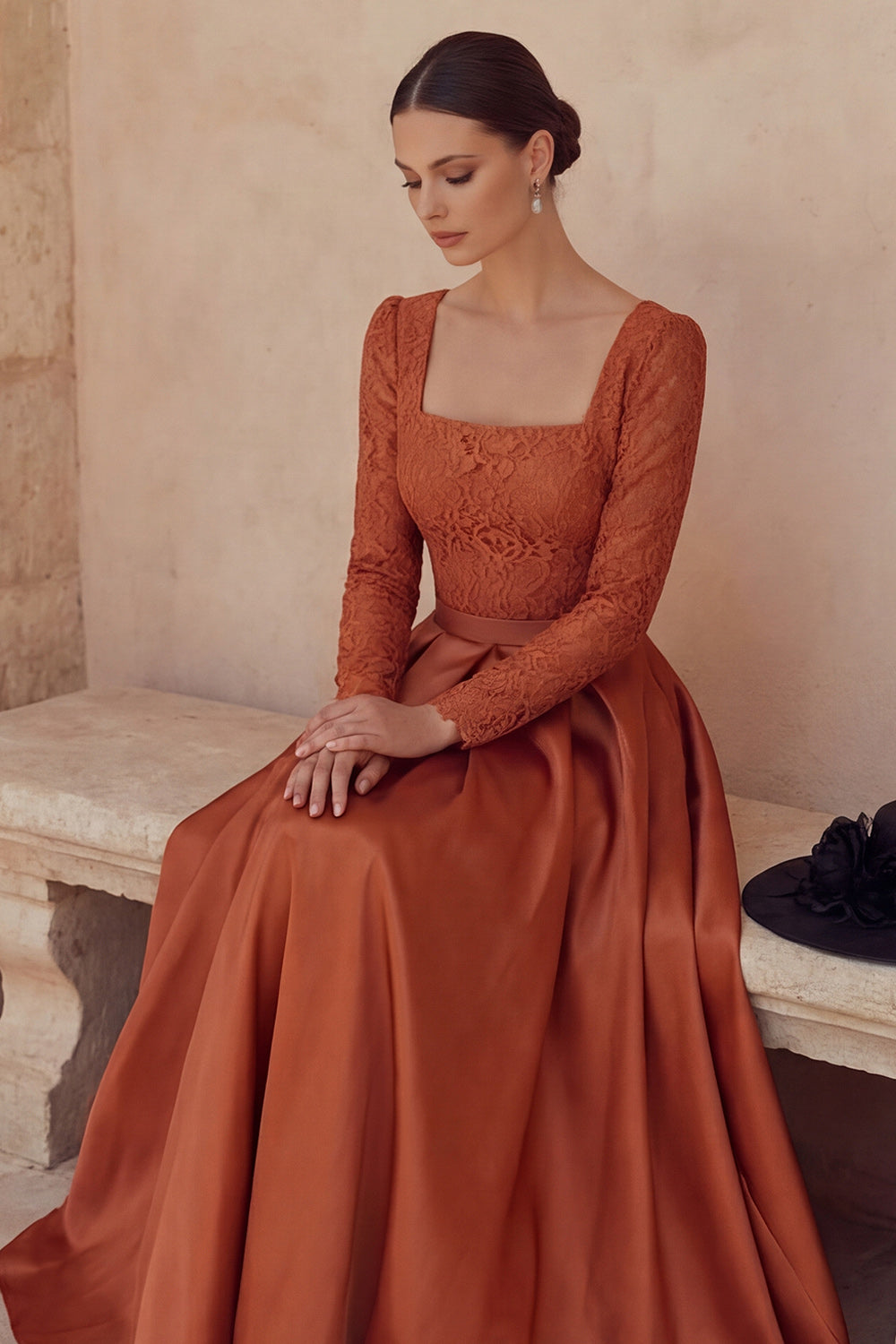 Terracotta A Line Square Neck Long Mother of the Bride Dress with Pockets